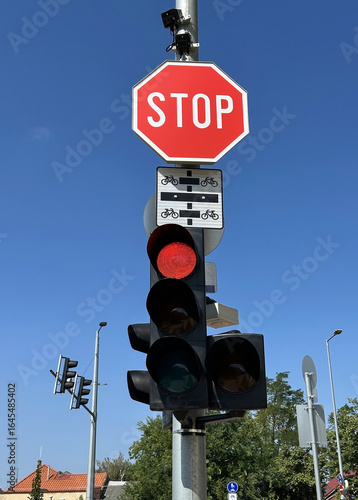 Stop traffic sign and red light