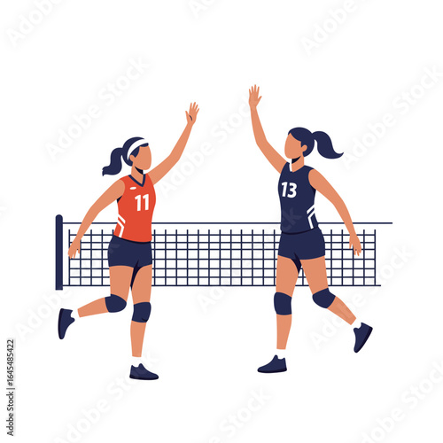 Volleyball Victory: Two determined female volleyball players in active poses, celebrating a point or success with a high-five. Focused on achieving goals.