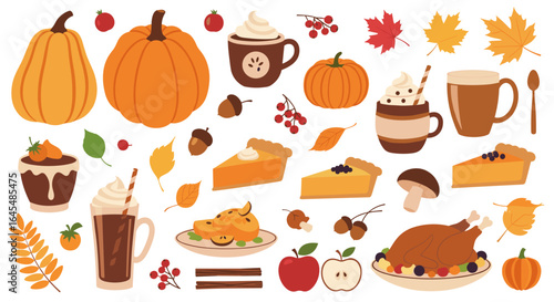 Delicious autumn harvest food and drink collection featuring pumpkins pies turkey and hot beverages