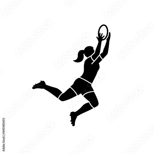 Dynamic Dive: A silhouette of a determined female athlete leaps into the air, extending her arms to catch the oval ball in a moment of pure action. Capture the essence of sport, competition.
