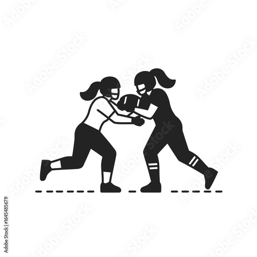 Female Rugby Players: Two female athletes in action, competing fiercely on the field, rendered in a minimalist illustration that captures the dynamism and intensity of sport. 
