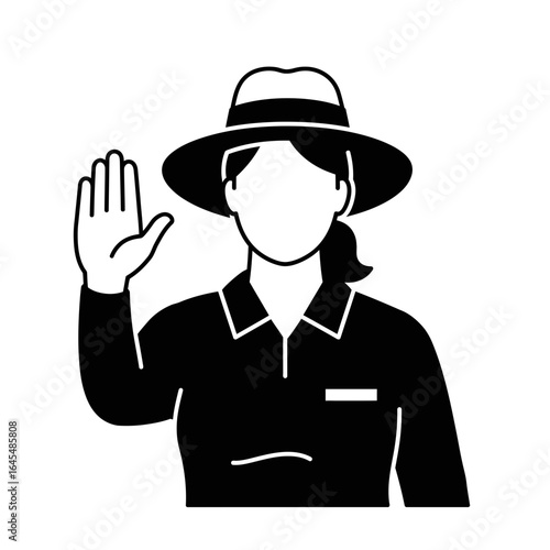 Umpire's Assurance: A sleek, monochrome illustration of a female umpire, radiating authority and fairness, with a hand raised in a gesture of assurance and control.