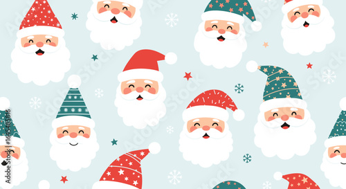 A festive repeating pattern of cheerful santa claus faces with red and teal hats adorned with stars and snowflakes on a light blue winter holiday background