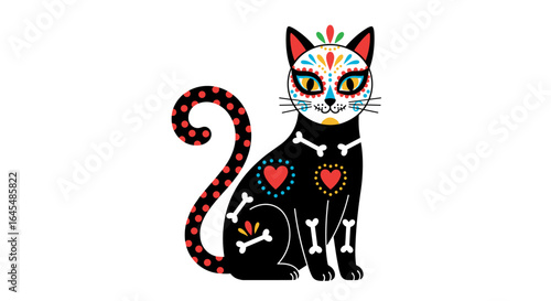 A whimsical black cat adorned with vibrant sugar skull day of the dead inspired floral patterns and bone accents