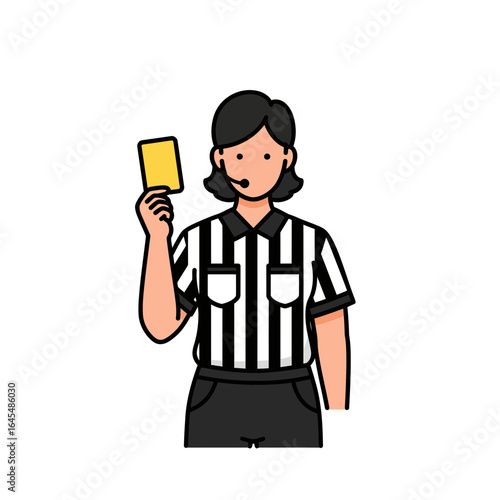 Referee Showing Yellow Card: The image shows a referee in a striped uniform holding up a yellow card, an iconic symbol of fair play and officiating in a sporting contest, illustrated in a clean.