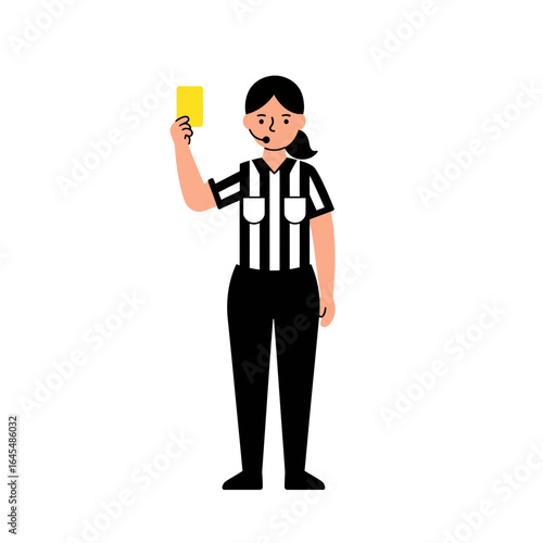 Referee Showing Yellow Card: A sports referee, wearing a striped uniform, firmly presents a yellow card, in a clean, graphic illustration against a neutral background.