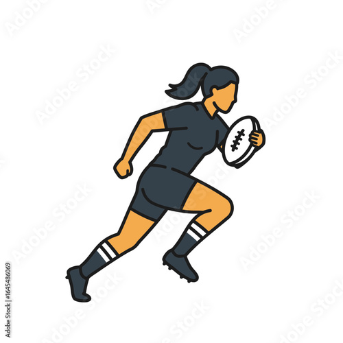 Rugby Player: Dynamic vector illustration captures a female rugby player in action, running with the ball.