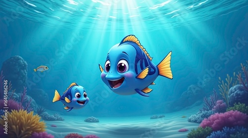 A cute cartoon-style blue fish and its smaller child swimming joyfully under the ocean, 3d Illustration