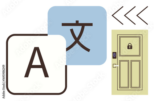 Alphabet and translation characters, arrows, secure door with lock keypad. Ideal for linguistics, communication, security, education, translation, multilingual apps simple flat metaphor