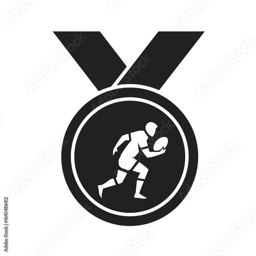Rugby Medal: A striking medal design that shows the essence of rugby. A strong silhouette of an athlete fiercely running with the ball.