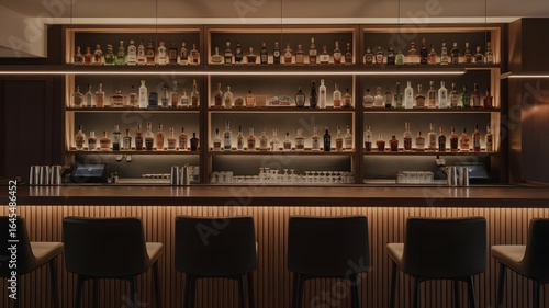 Bar Counter Top Shelf Display Bottles Chairs Lighting image photo