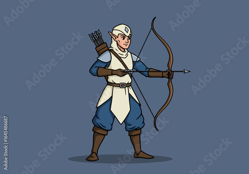 Cartoon Elf Archer Ready to Shoot with Bow and Arrow