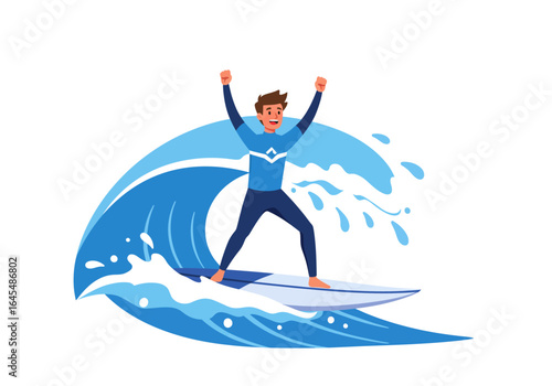 Surfer Riding a Wave with Arms Raised in Celebration
