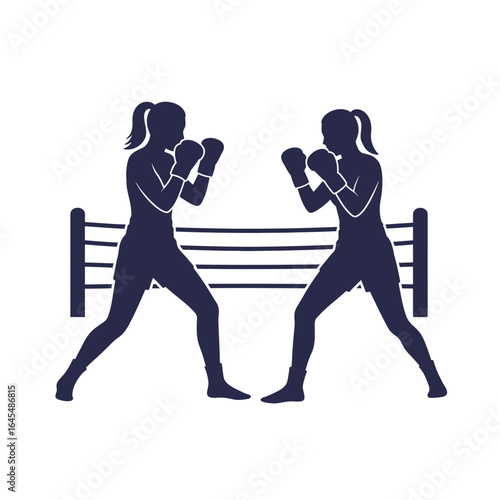 Boxing Duel: A dynamic silhouette captures two female boxers in a boxing ring, poised for an athletic showdown. The image signifies strength, competition, and the grit of sportsmanship.