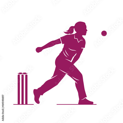 Cricket action: A stylized silhouette showcases a female bowler in mid-action, delivering a cricket ball towards the wickets. Capturing motion and precision in a dynamic pose.