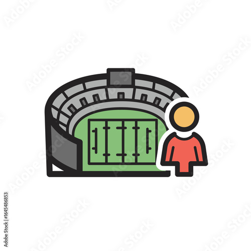 Stadium Spectator Silhouette: Depicts an architectural overview of an arena, presenting an iconic representation of sporting events. Includes a silhouette of a fan or spectator.