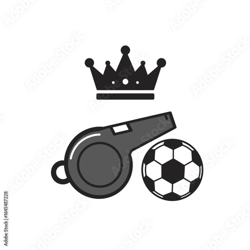 Soccer Whistle and Crown: An illustrative depiction of a whistle, crown, and soccer ball, symbolizing authority and the essence of the sport.