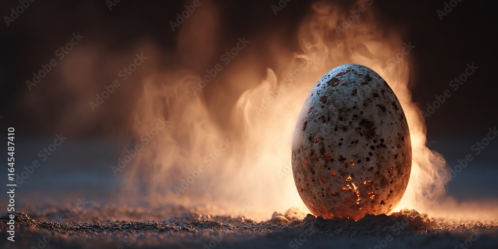 Fototapeta premium Broken dinosaur egg resting on a table surrounded by natural elements with warm backlight