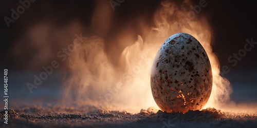 Fototapeta Naklejka Na Ścianę i Meble -  Broken dinosaur egg resting on a table surrounded by natural elements with warm backlight