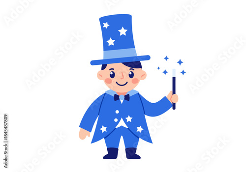 Cartoon Magician Boy with Wand and Starry Blue Outfit