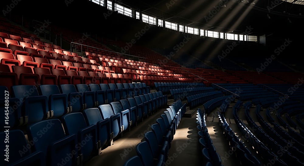 Obraz premium A moment of stillness dramatic light beams shine on empty seats in a silent grand auditorium.