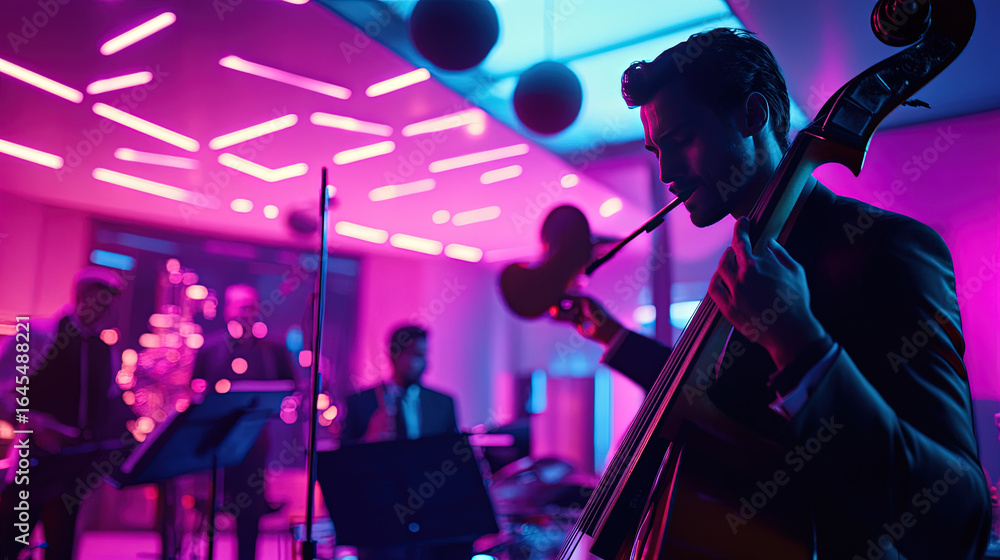 Fototapeta premium Cybernetic jazz band performing in a neon-lit futuristic lounge