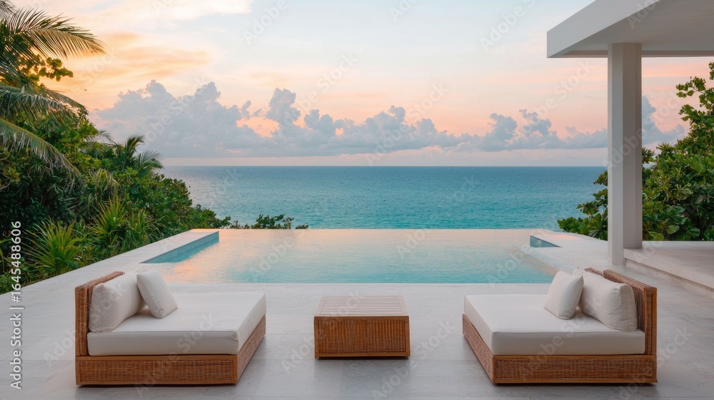 Fototapeta premium Panoramic view of a luxurious beachfront terrace with comfortable loungers overlooking a breathtaking sunset over the ocean