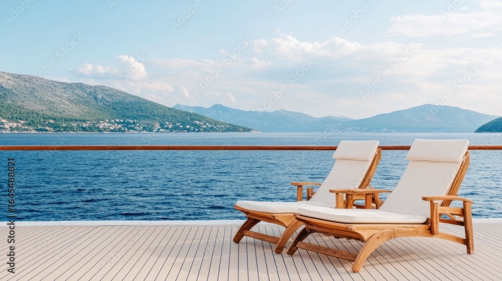 Fototapeta premium Luxurious cruise ship deck adorned with plush sun loungers offering unparalleled views of the mesmerizing sea and horizon An idyllic escape for relaxation rejuvenation