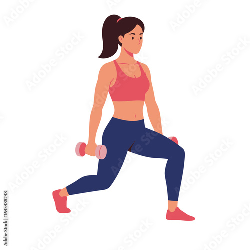 Dynamic Fitness: A Determined Woman Performs Lunges with Dumbbells. Focused and strong, she embodies the essence of a healthy, active lifestyle.