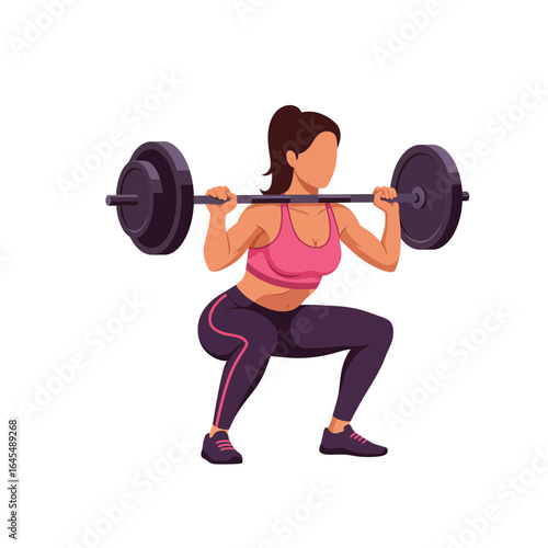 Powerlifting: A determined female athlete executes a barbell squat in a dynamic, flat vector illustration, epitomizing strength training and fitness.