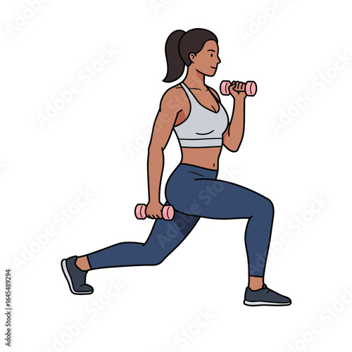 Fitness Journey: Dynamic illustration of a woman in fitness attire doing lunges with dumbbells, emphasizing strength, health, and dedicated workout.