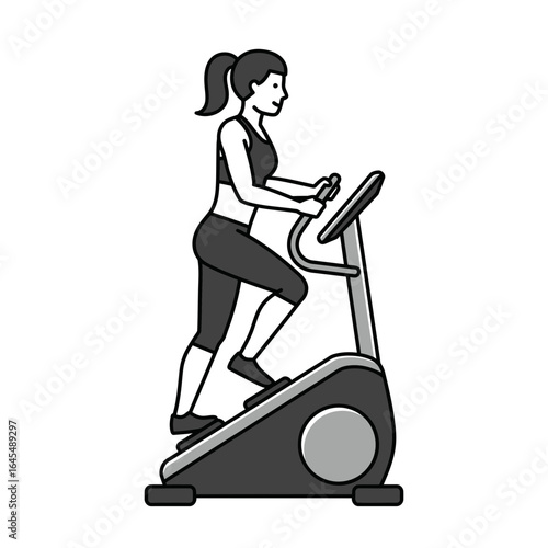Cardio Workout on Stair Climber: An illustration shows a woman on a stair climber, her body in motion. Perfect for fitness, healthy lifestyle, and exercise concepts.