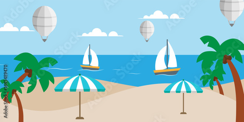 Vector illustration of a fresh flat design of a tropical island with palm trees and a lounge chair