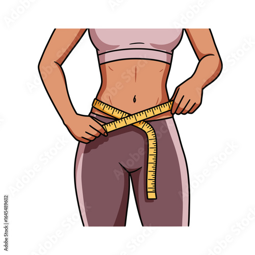 Healthy Measurement: A woman diligently measures her waistline, emphasizing her dedication to health and wellness. It embodies the pursuit of physical fitness and healthy lifestyle.