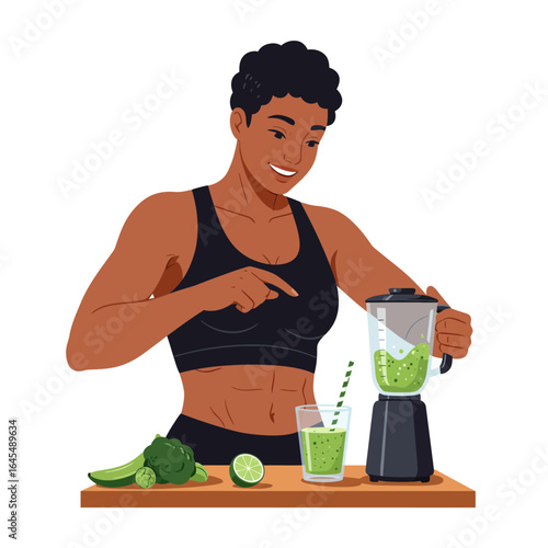 Green Smoothie Bliss: An animated, healthy, and radiant individual prepares a nutritious green smoothie, a perfect representation of a healthy lifestyle and fresh organic ingredients. 