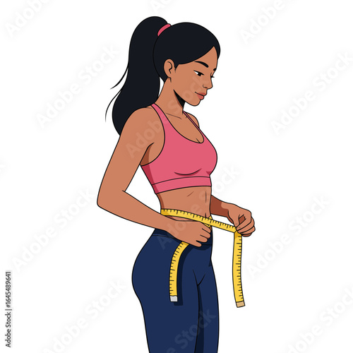 Fitness Measurement: A fit female figure with a confident gaze, actively measuring her waist with a yellow measuring tape, celebrating health and vitality.
