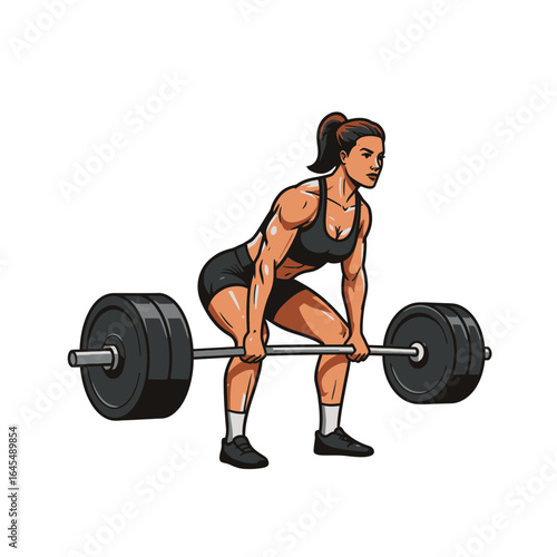 Powerlifter's Form: A determined woman, her muscles glistening, expertly executes a deadlift, showcasing strength and dedication in a dynamic and empowering fitness illustration.
