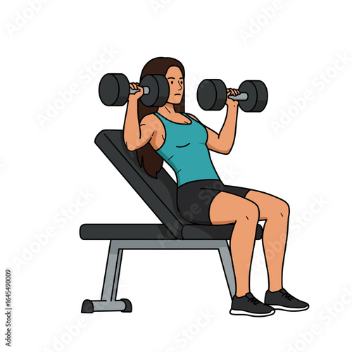 Strength Training: A woman performs a seated dumbbell shoulder press, demonstrating proper form and dedication to fitness, highlighting strength and wellness.