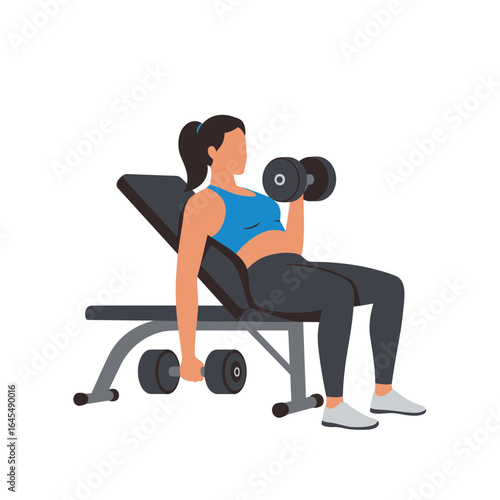 Weight Training: A Woman executing a dumbbell curl on an incline bench, building strength, fitness, and muscle definition.