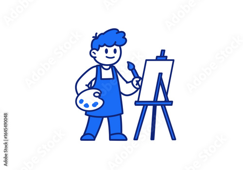Cartoon Artist with Easel, Palette, and Brush in Blue Outline