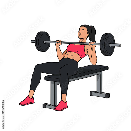 Strength and Grace: A woman powerfully executes a bench press, showcasing her dedication to fitness and strength, creating an empowering image of physical prowess and wellness.