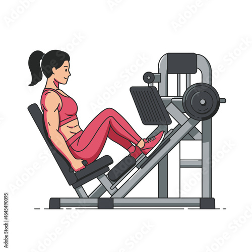 Leg Press Exercise: A determined woman, clad in athletic attire, performs a leg press exercise on a machine. Focusing on the principles of strength training and maintaining peak physical fitness.