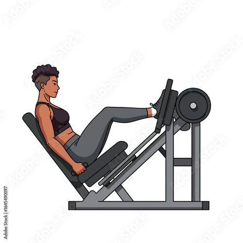 Strength Training on Leg Press Machine: A woman is shown intently focused on her strength training, the details is depicted in photorealistic fashion, capturing the precise moment of action.