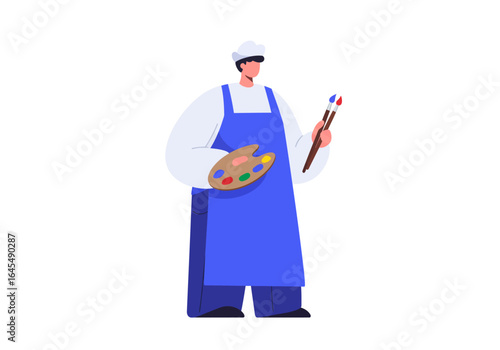 Cartoon Artist with Palette and Brushes in Blue Apron
