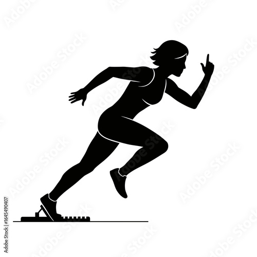 Ready to Sprint: A silhouette of a female athlete bursts from the starting block, a stark portrayal of dedication, power, and movement.
