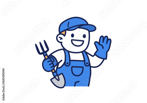 Cartoon Gardener Waving with Gardening Tools in Hand