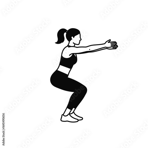 Squat Exercise Icon: A silhouette of a woman gracefully executing a perfect squat, emphasizing form and strength. Perfect for fitness, health and wellness.