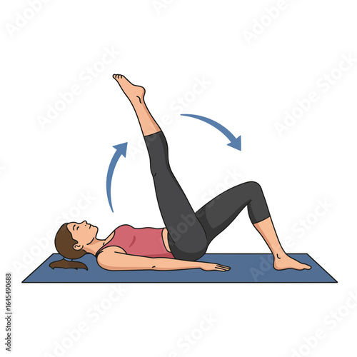 Pilates Exercise: A woman performs the single leg circle Pilates exercise, demonstrating core strength and flexibility on a mat, set against a clean, uncluttered backdrop.