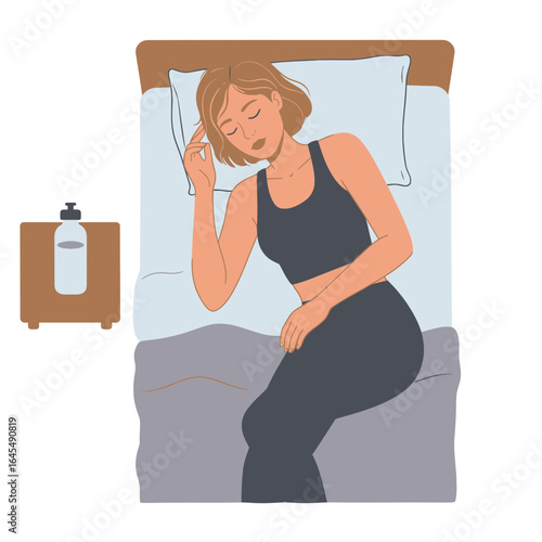 Dreamscape: A serene woman rests peacefully in a comfortable bed. Next to her, a water bottle is placed on a nightstand to hydrate herself . The scene is bathed in the soft glow of a dream.