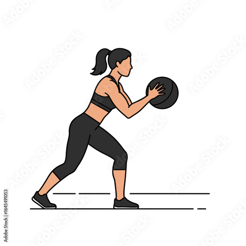 Strength Training: A dynamic illustration captures a woman executing a medicine ball exercise. Her focused stance and powerful movements embody the dedication to fitness. 